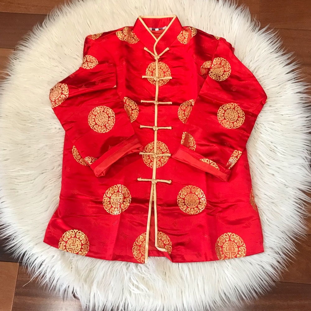 Red Men's Chinese Changshan with Gold Medallion Pattern